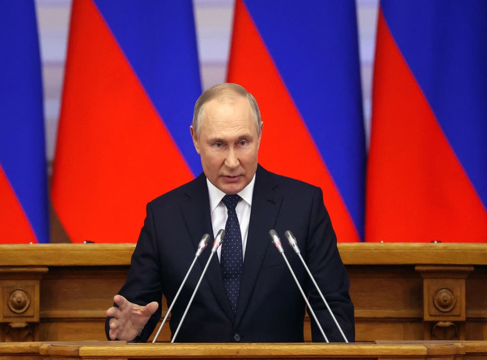 <p>Russian President Vladimir Putin gave a speech at a meeting of advisory council of the Russian parliament in Saint Petersburg</p>
