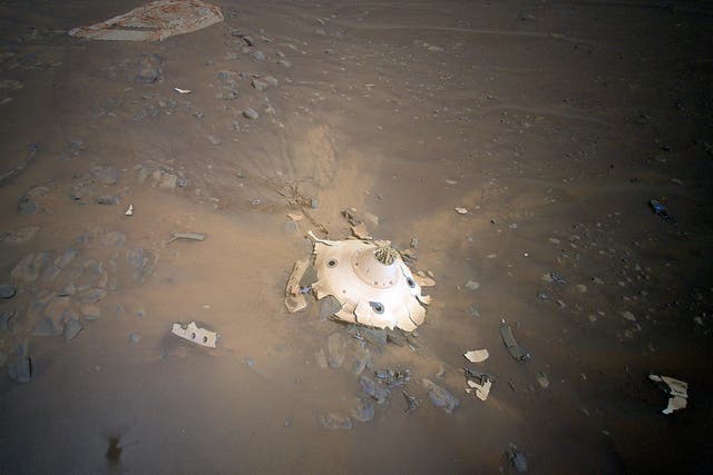 <p>Debris field for Perseverance landing gear seen from Ingenuity Mars helicopter</p>