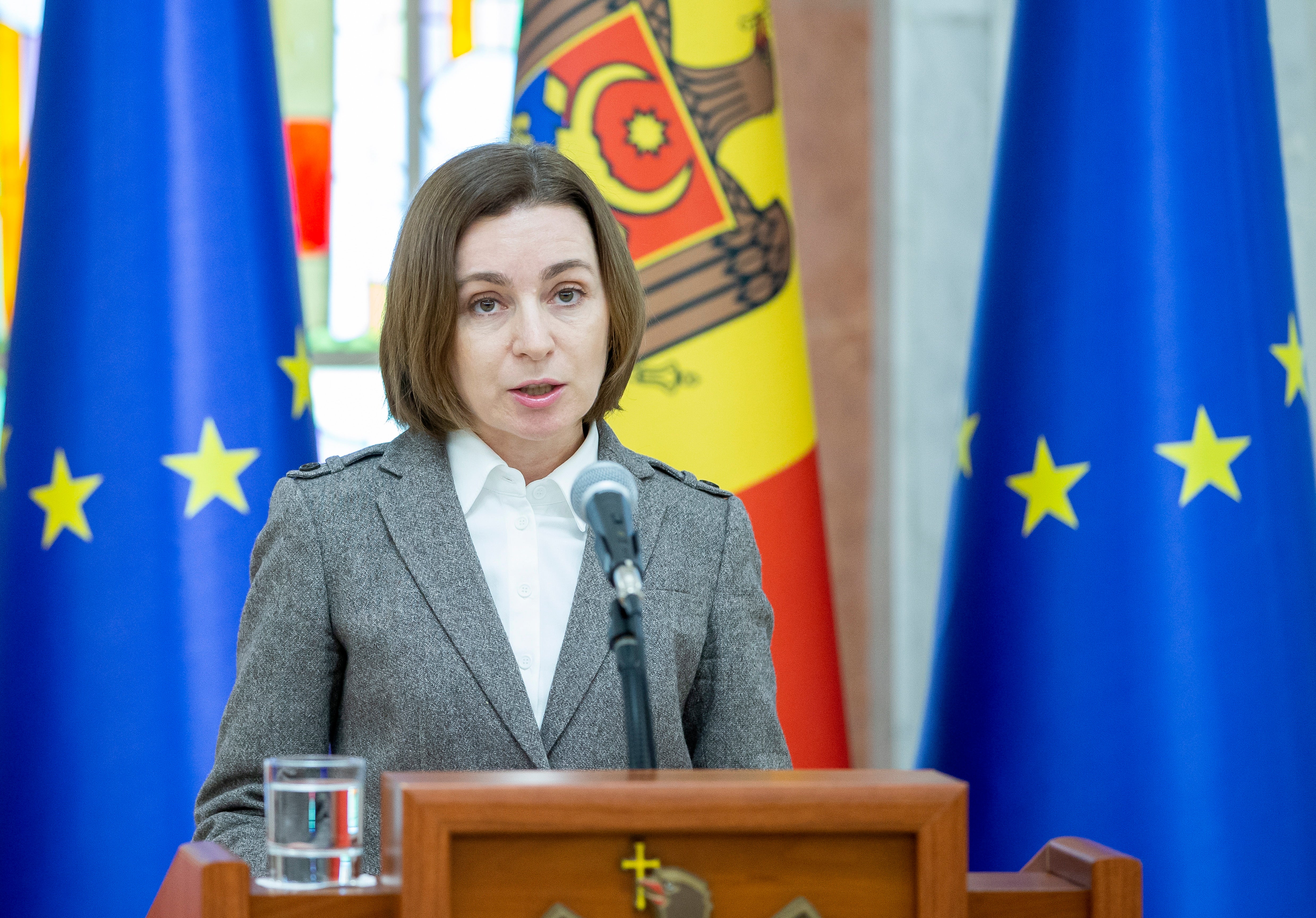 The president of Moldova, Maia Sandu, speaks during a briefing at the presidential palace in Chisinau