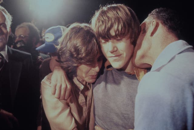 <p>Steven Stayner is reunited with his parents Kay and Delbert Stayner on 2 March 1980 after escaping from a seven-year captivity</p>