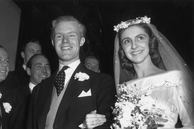 <p>Jane Sheffield marries Jocelyn Stevens in June 1956</p>