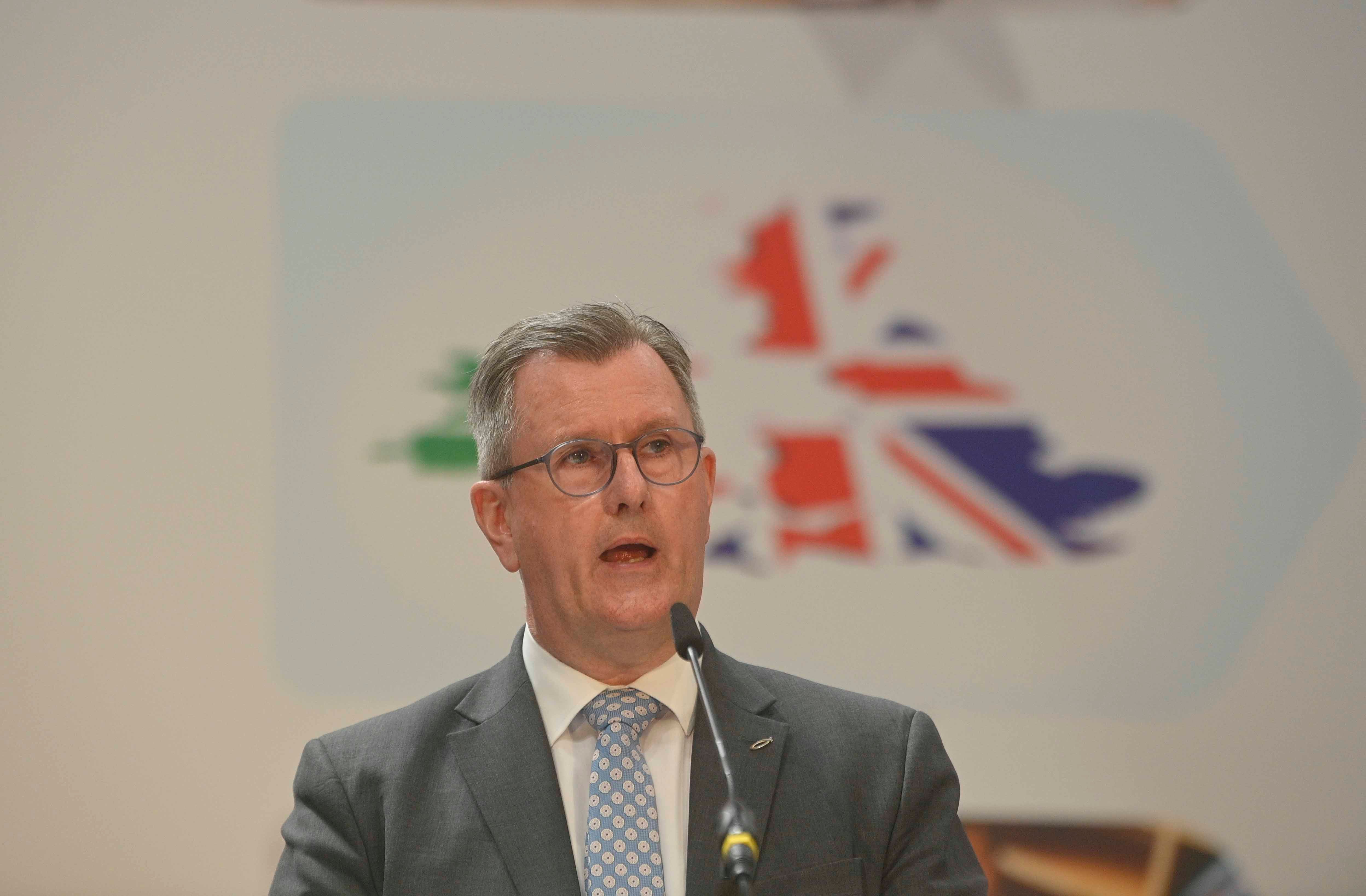 DUP leader Sir Jeffrey Donaldson speaks during the party’s manifesto launch at AJ Power LTD in Craigavon, Co Armagh (Mark Marlow/PA)