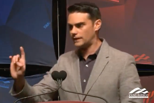 <p>Ben Shapiro makes a point during a discussion with a Democratic activist on Tuesday</p>