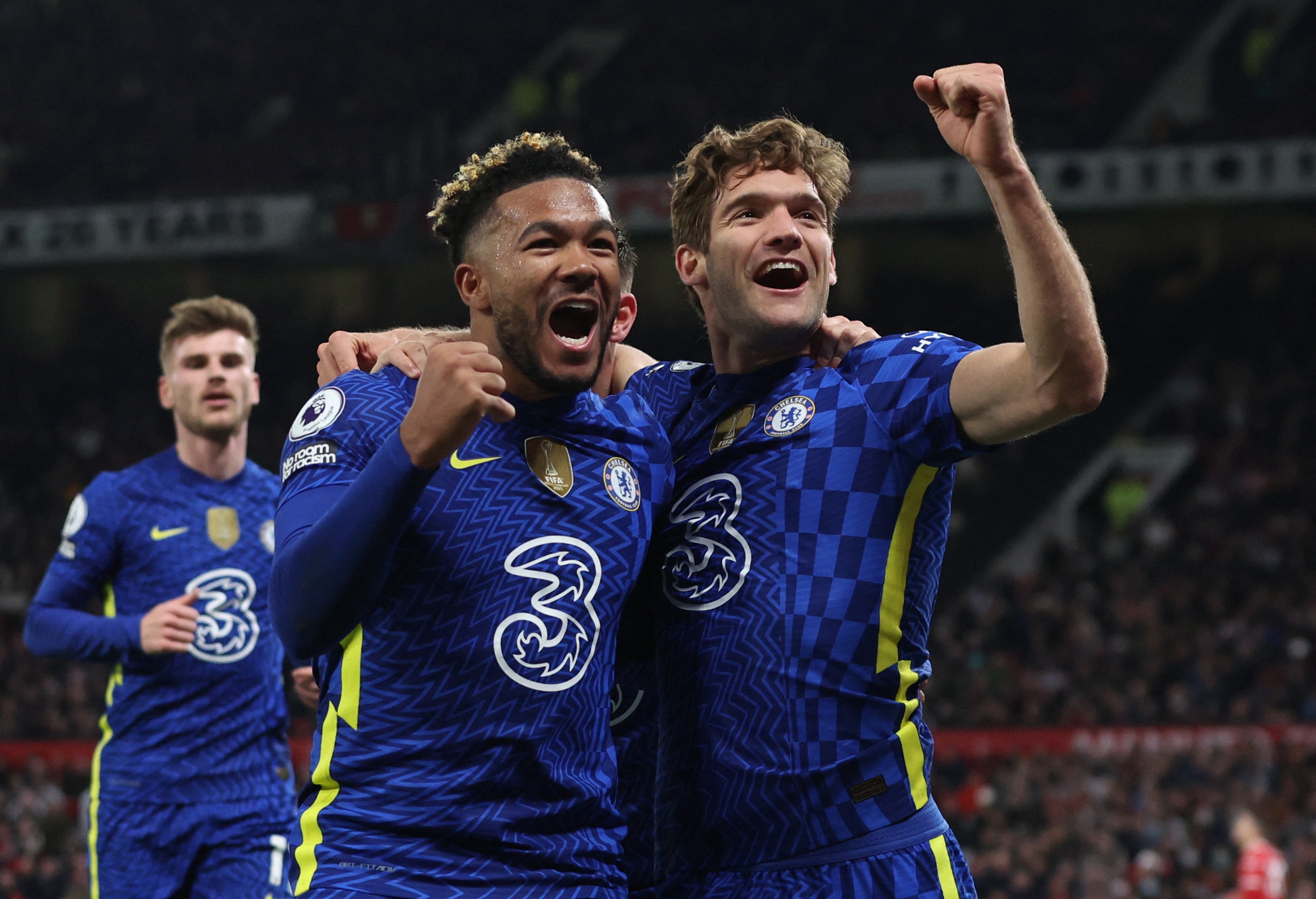 Marcos Alonso celebrates scoring their first goal with Reece James