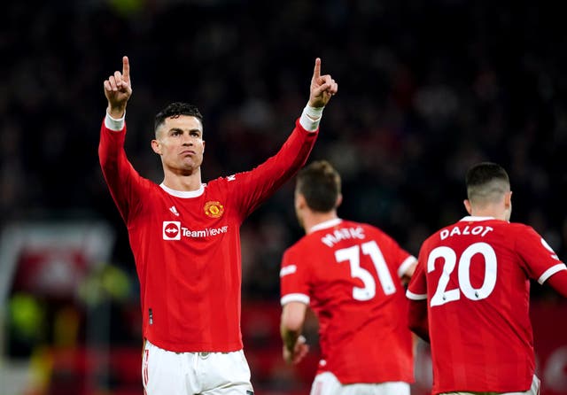 <p>Cristiano Ronaldo celebrates scoring</p>