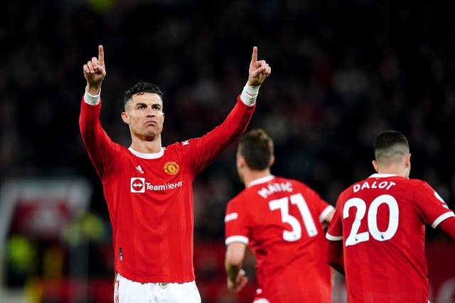 <p>Cristiano Ronaldo celebrates scoring</p>