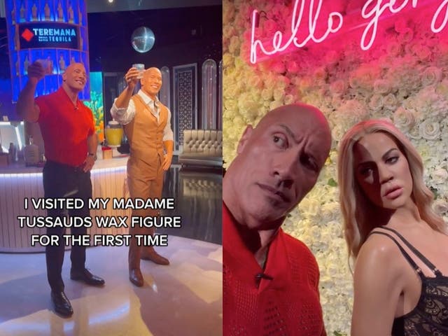 <p>Dwayne Johnson shows off his wax likeness as well as that of Khloe Kardashian at the Las Vegas Madame Tussauds museum</p>