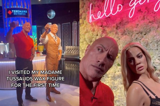 <p>Dwayne Johnson shows off his wax likeness as well as that of Khloe Kardashian at the Las Vegas Madame Tussauds museum</p>