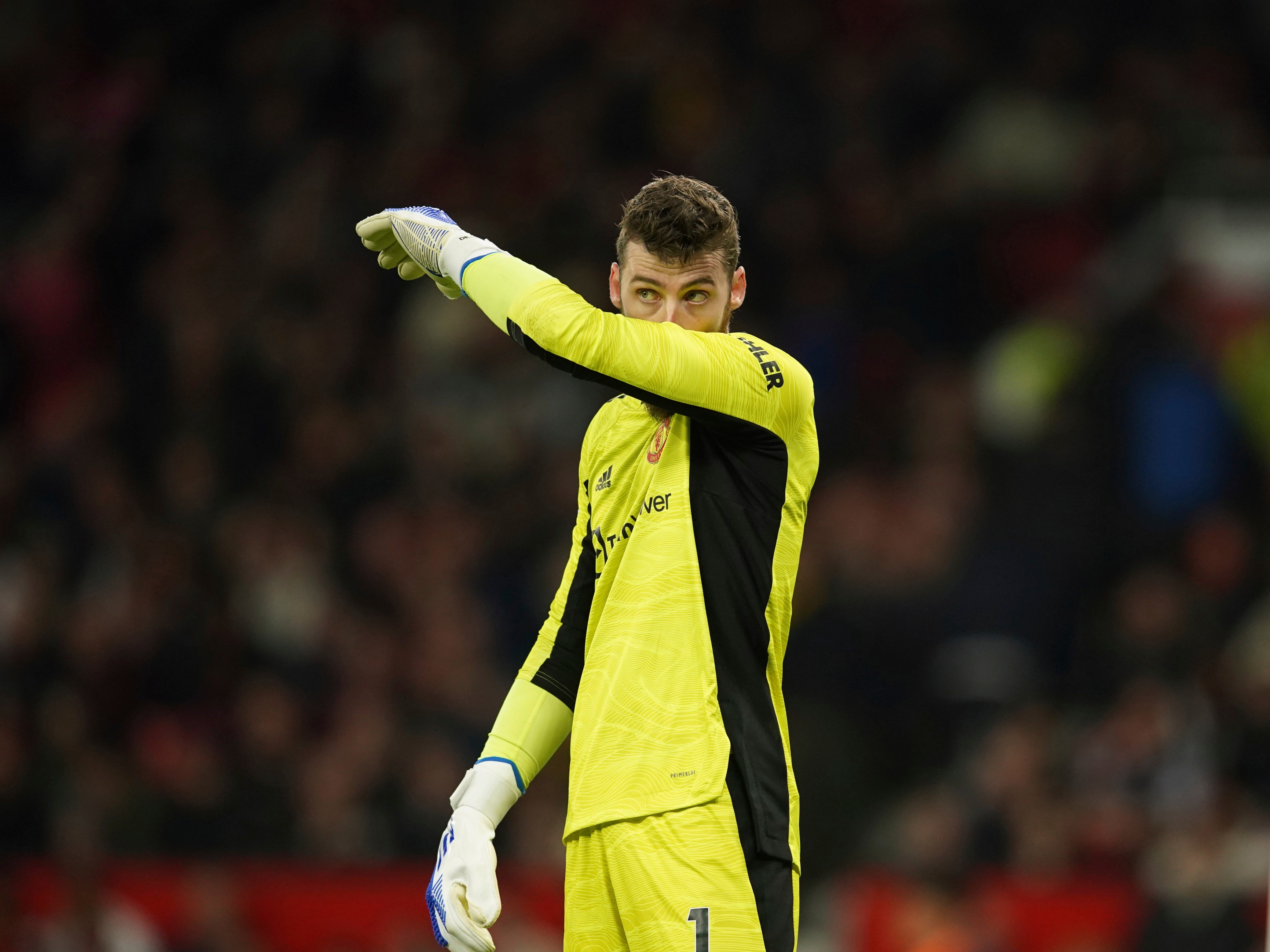 <p>Manchester United's goalkeeper David de Gea gestures</p>