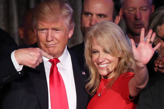 <p>Republican president-elect Donald Trump along with his campaign manager Kellyanne Conway acknowledge the crowd during his election night event at the New York Hilton Midtown in the early morning hours of November 9, 2016 in New York City</p>
