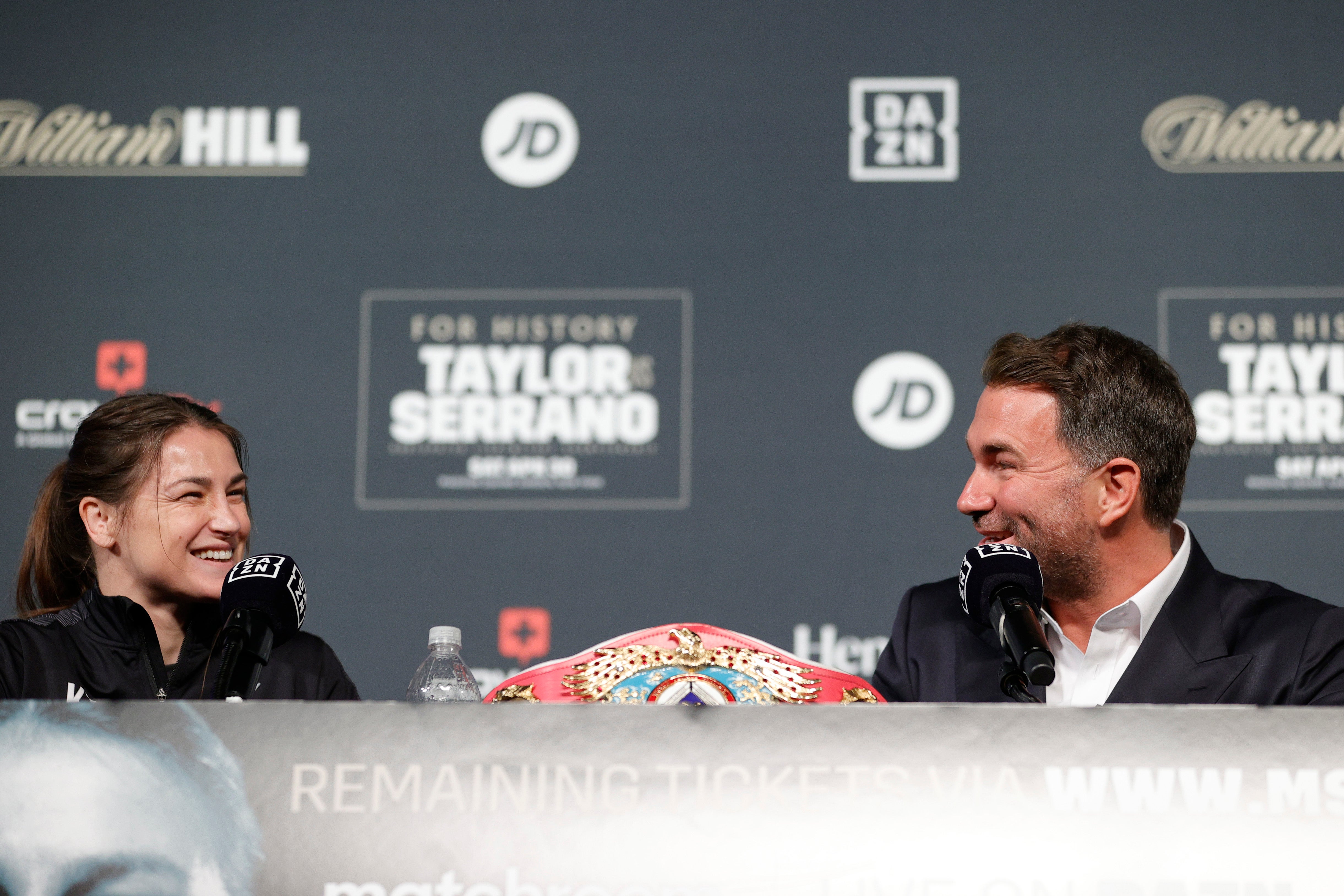 Taylor with promoter Eddie Hearn at this week’s pre-fight press conference