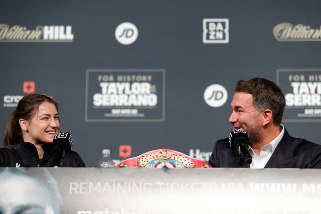 <p>Taylor with promoter Eddie Hearn at this week’s pre-fight press conference</p>