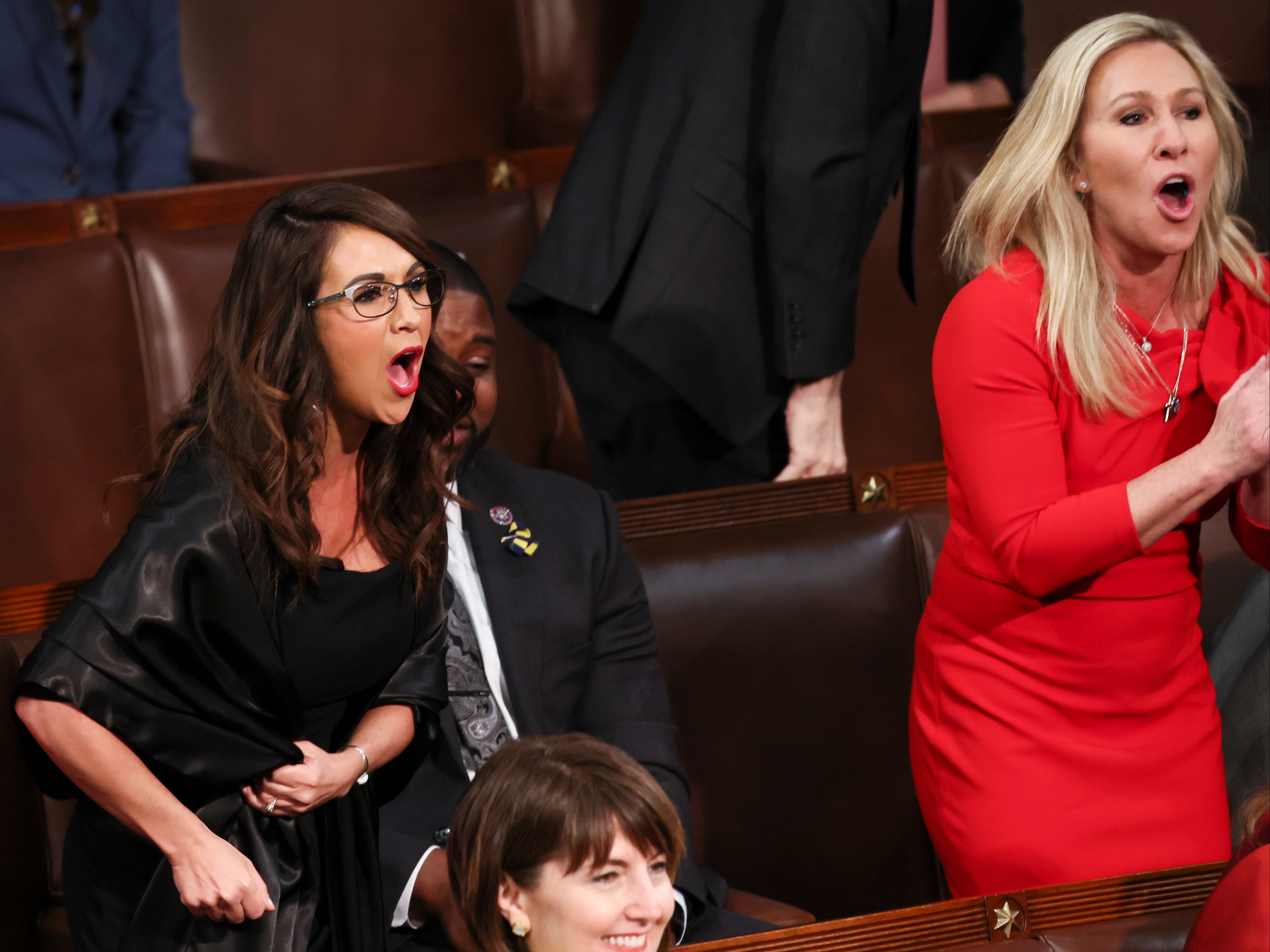 Lauren Boebert and Marjorie Taylor Greene scream ‘Build the Wall’ as Joe Biden delivers his State of the Union address in March 2022