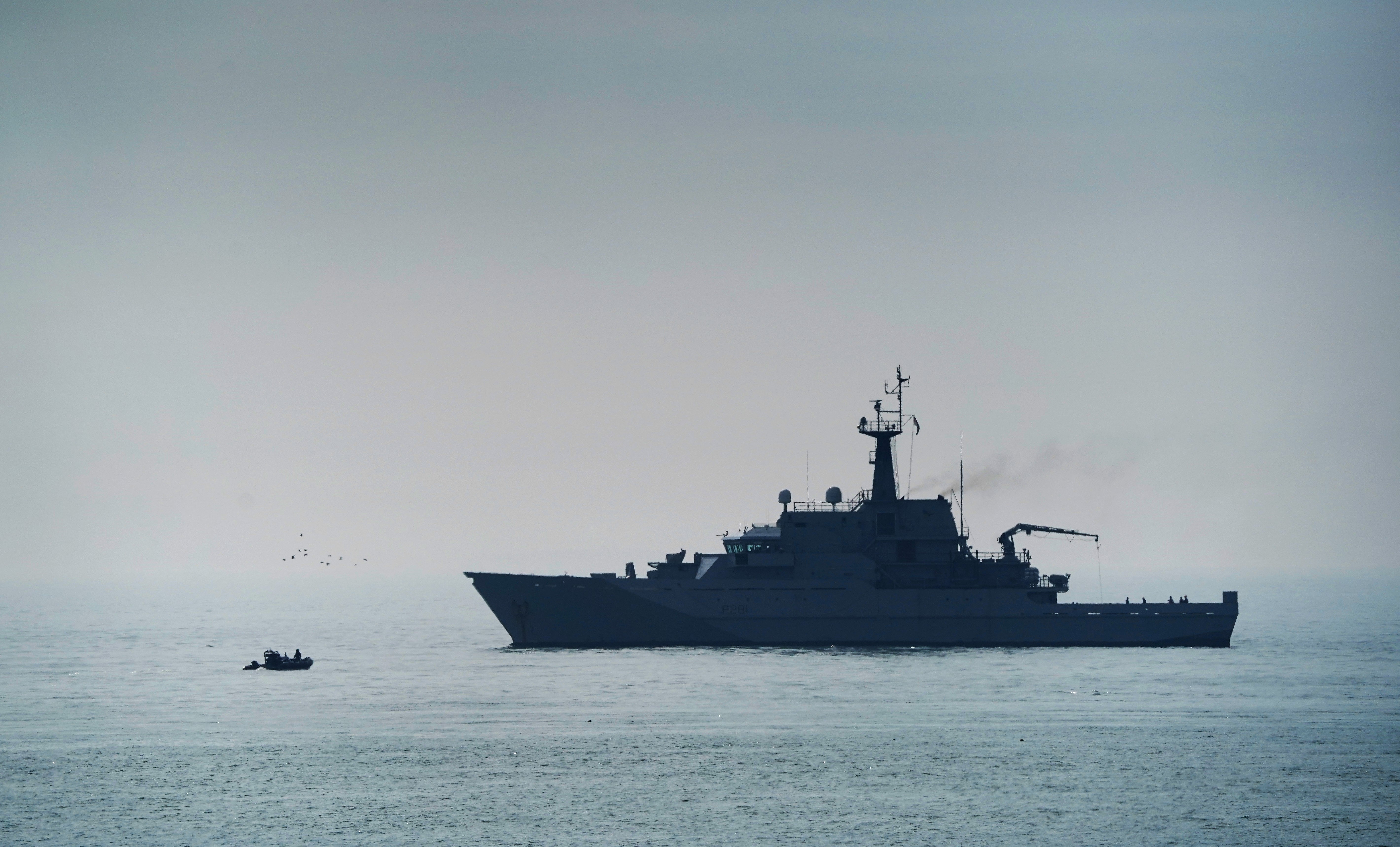 Royal Navy patrol ship ‘HMS Tyne’ on patrol in the Channel off the coast of Dover in April 2022