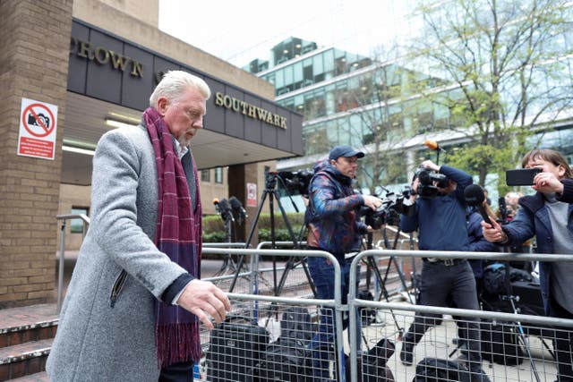 <p>Boris Becker leaves after his bankruptcy offences trial at Southwark Crown Court in London</p>
