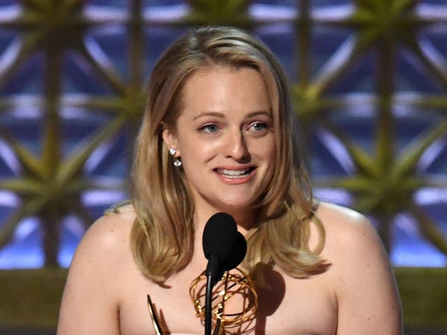 <p>Elizabeth Moss accepting the award for Best Lead Actress in a drama series at the 2017 Emmys</p>