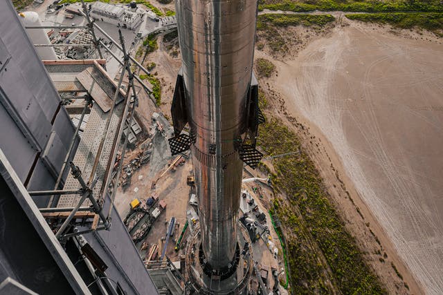 <p>A SpaceX Starship vehicle stacked atop a Super Heavy booster at the company’s Starbase facility in Boca Chica, Texas</p>