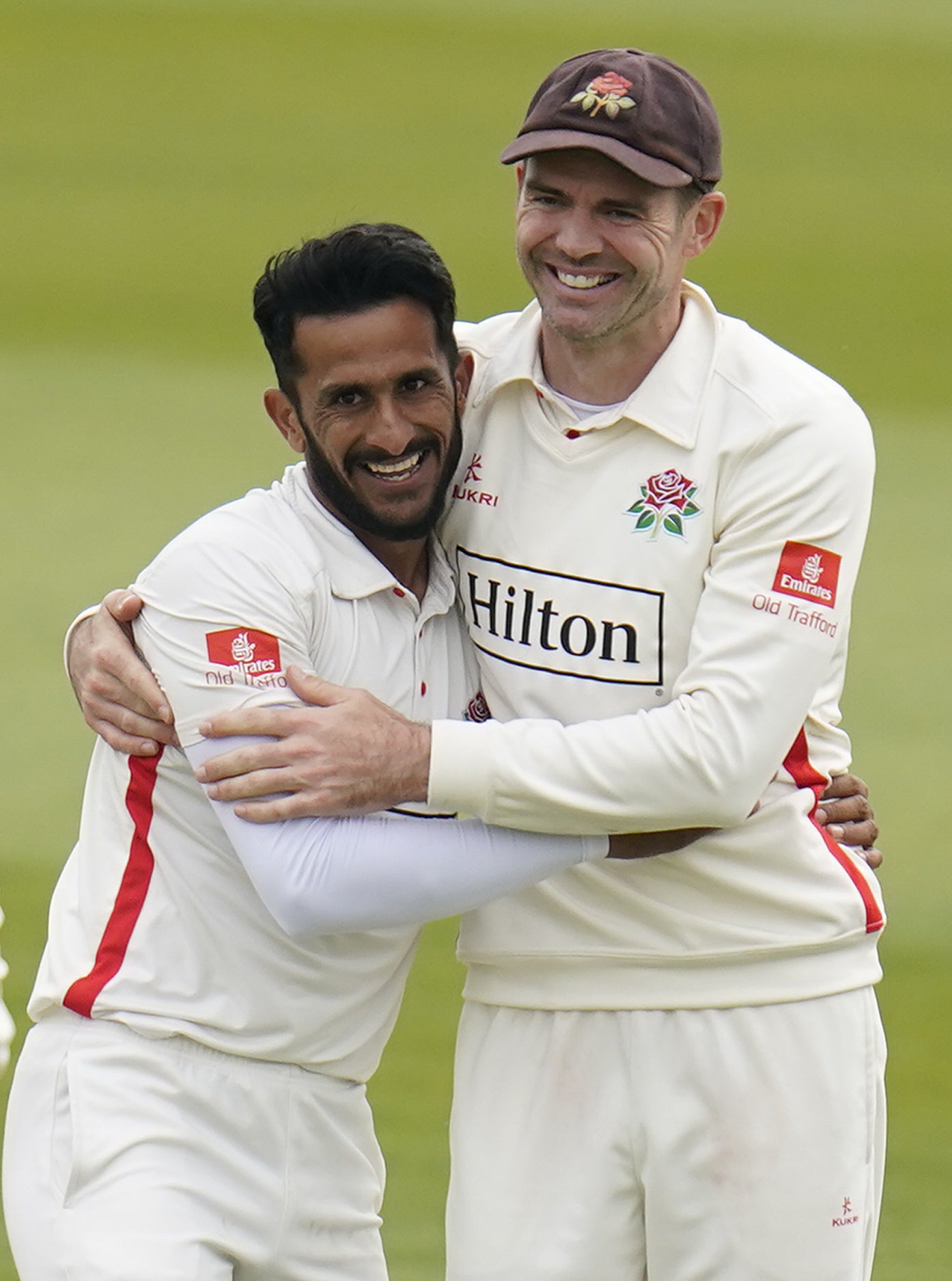 James Anderson (right) congratulates his team-mate Hasan Ali after he takes the wicket of Hampshire’s Keith Barker (Andrew Matthews/PA)