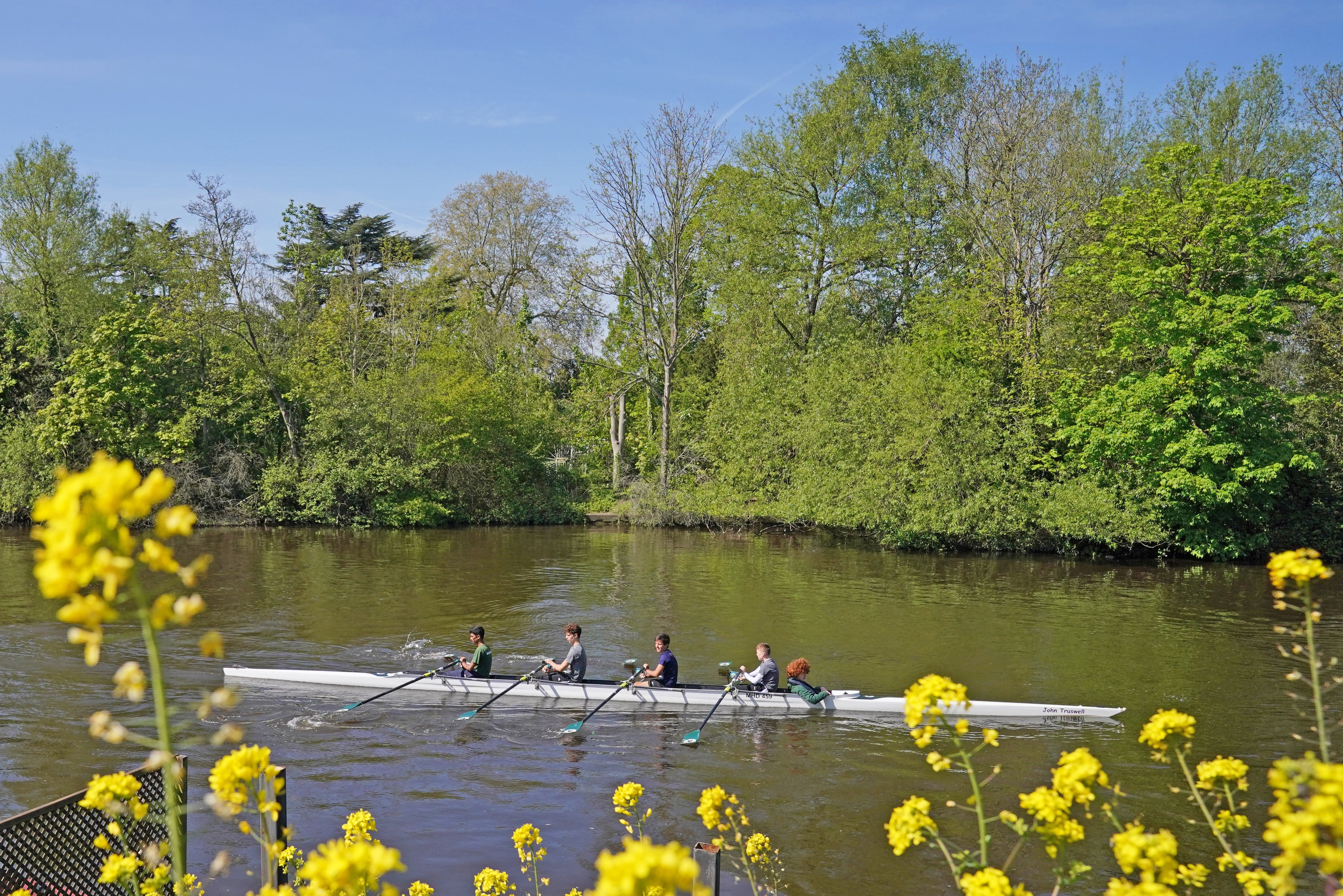 Rowers travel along the River Thames near Maidenhead, Berkshire.(Jonathan Brady/PA)
