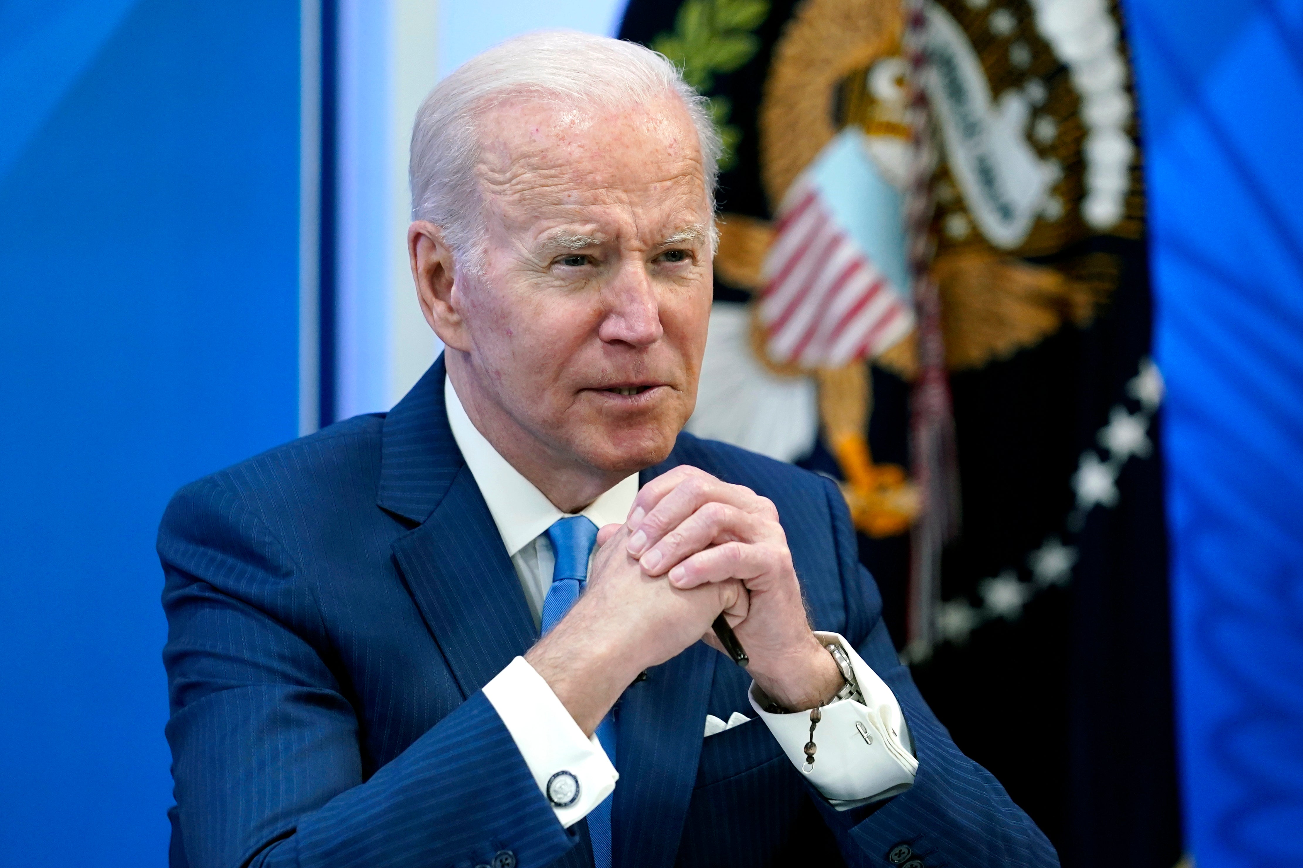 President Joe Biden speaks in the South Court Auditorium on the White House complex in Washington, April 28, 2022. Biden has repeatedly said directly military action is off the table, citing a possible “World War III” as a chief concern.