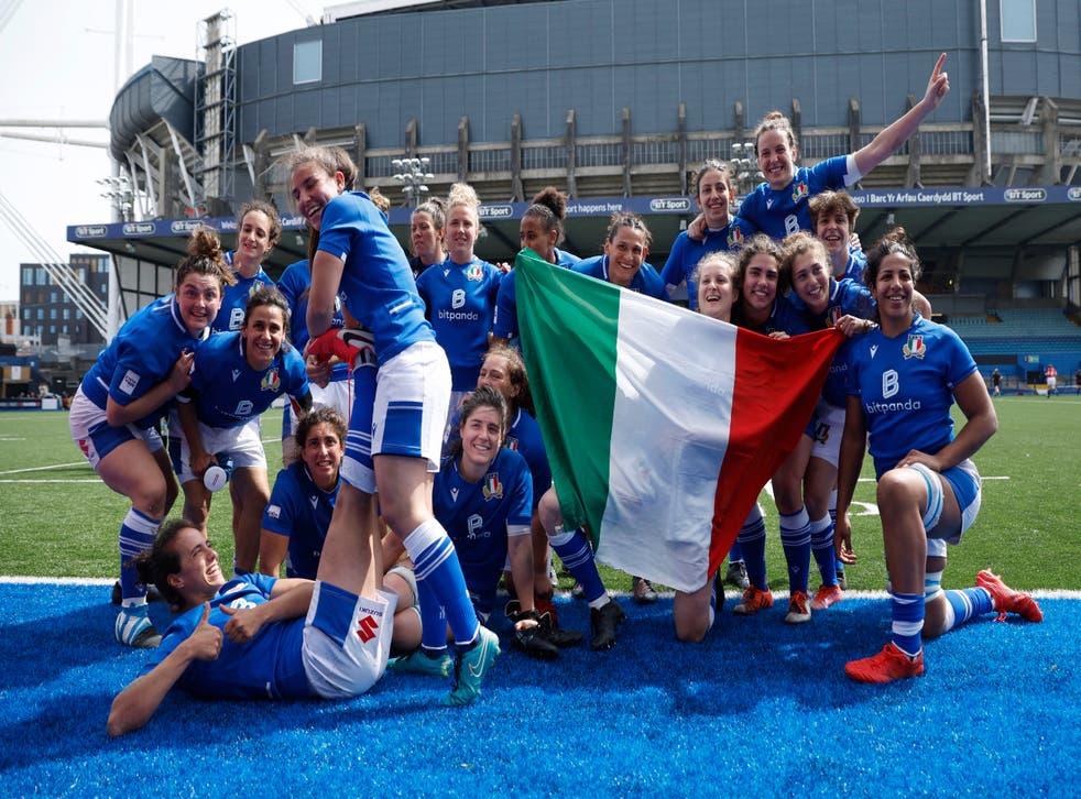 <p>Italy celebrated after winning their second game of this year’s Women’s Six Nations </p>