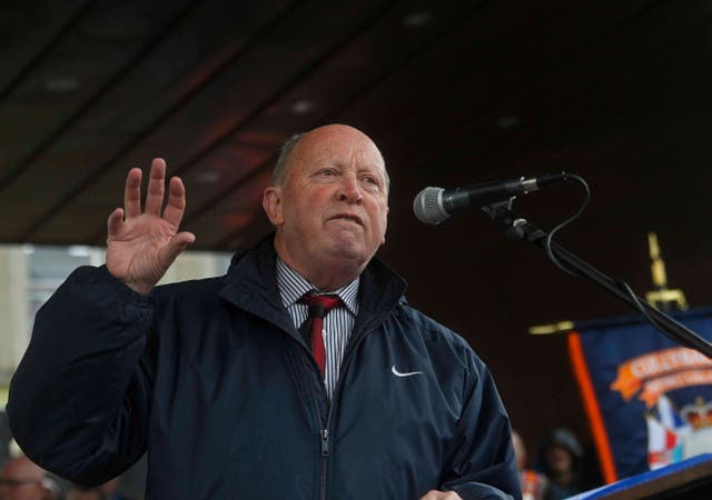 Jim Allister who is the leader of the TUV addresses the crowd during a rally in Ballymena County Antrim (Mark Marlow/PA)