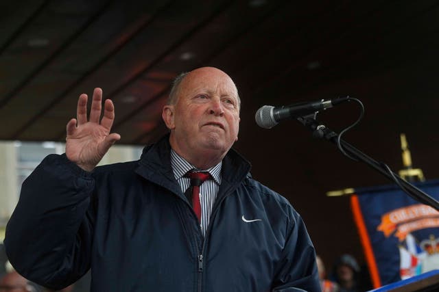 Jim Allister who is the leader of the TUV addresses the crowd during a rally in Ballymena County Antrim (Mark Marlow/PA)
