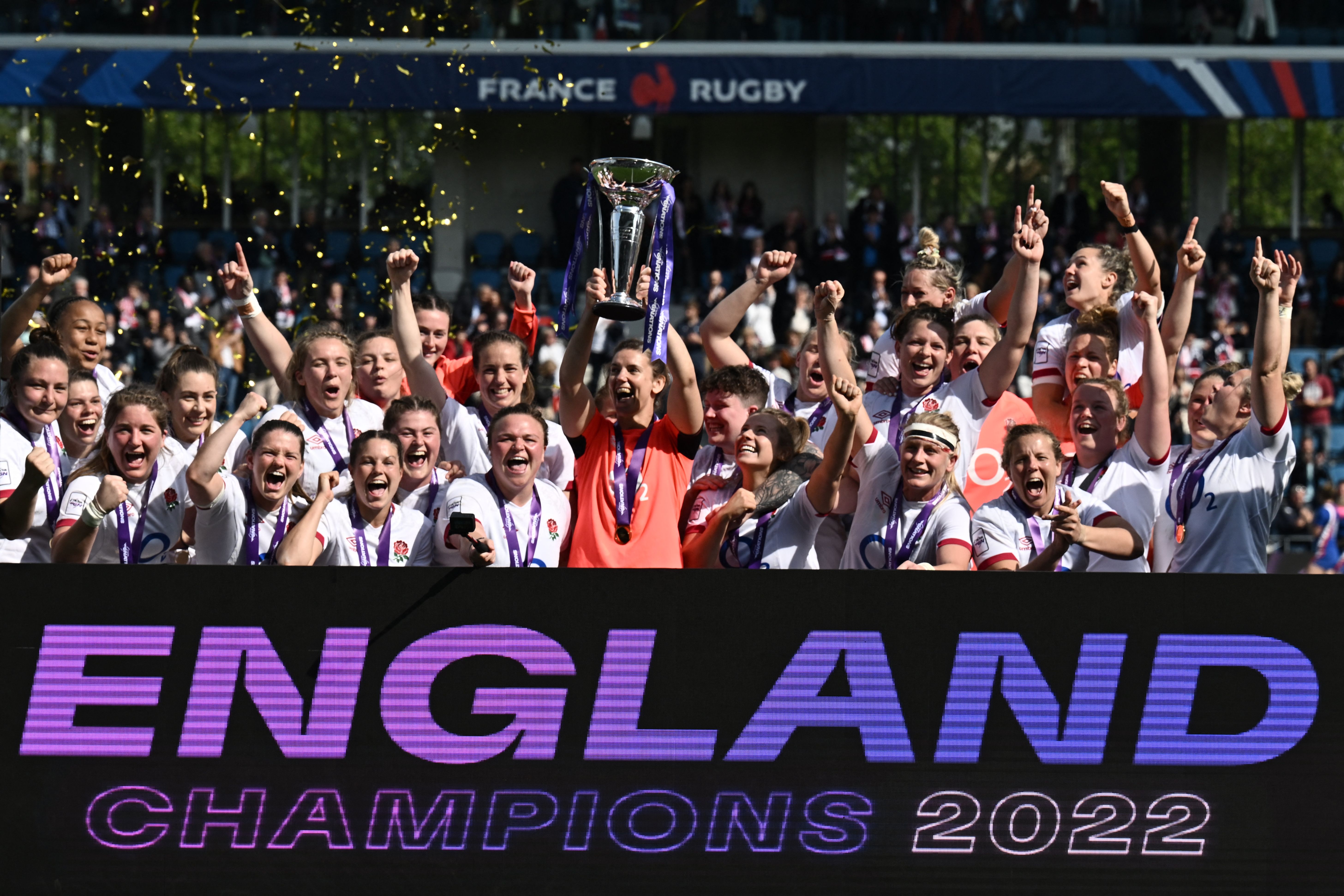 England players lift the trophy in Bayonne