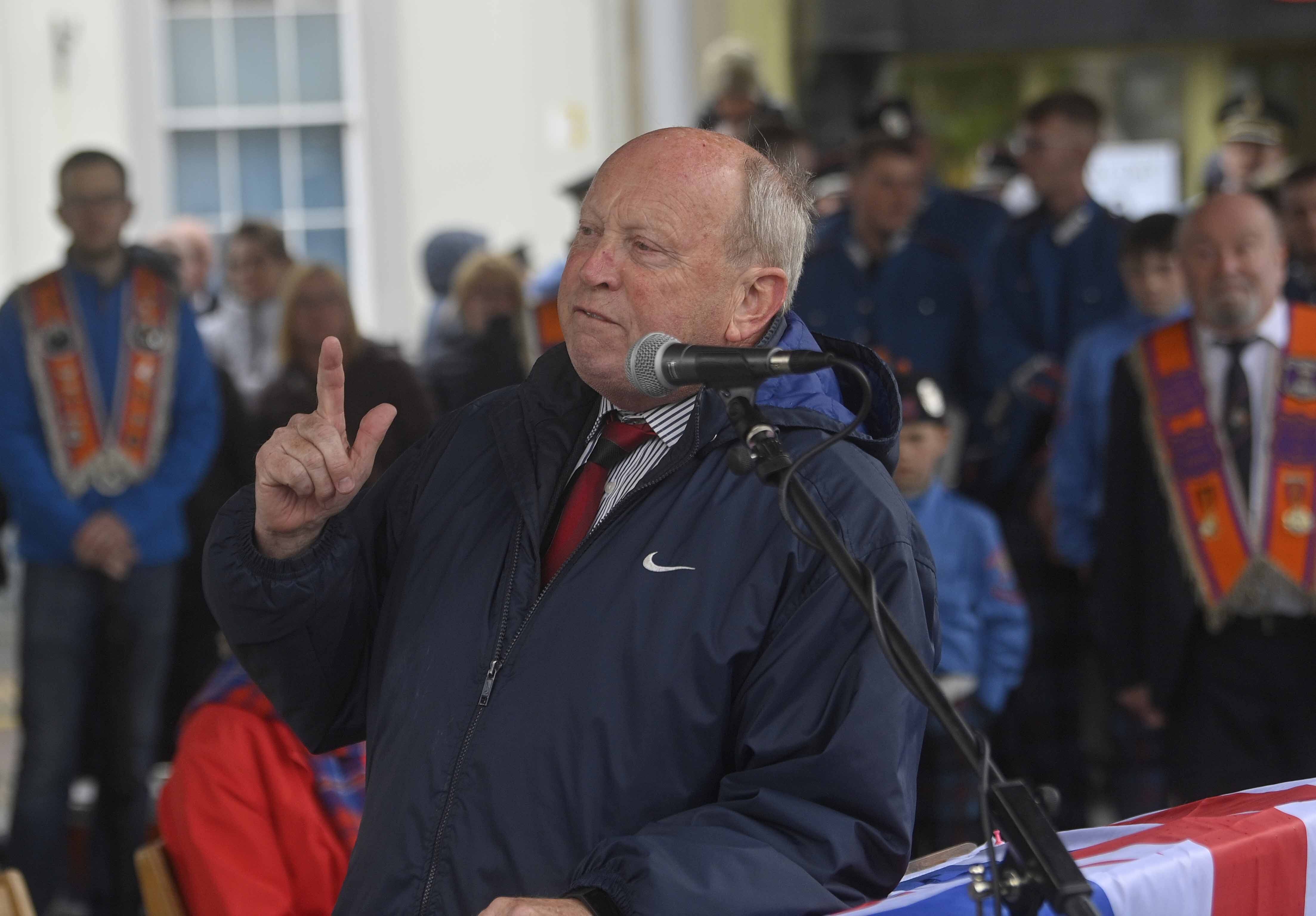 Jim Allister, of the TUV, speaks during a anti-Northern Ireland Protocol rally in Ballymena (Mark Marlow/PA)