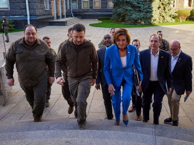 <p>Ukraine’s President Volodymyr Zelensky welcoming US House Speaker Nancy Pelosi to Kyiv. </p>