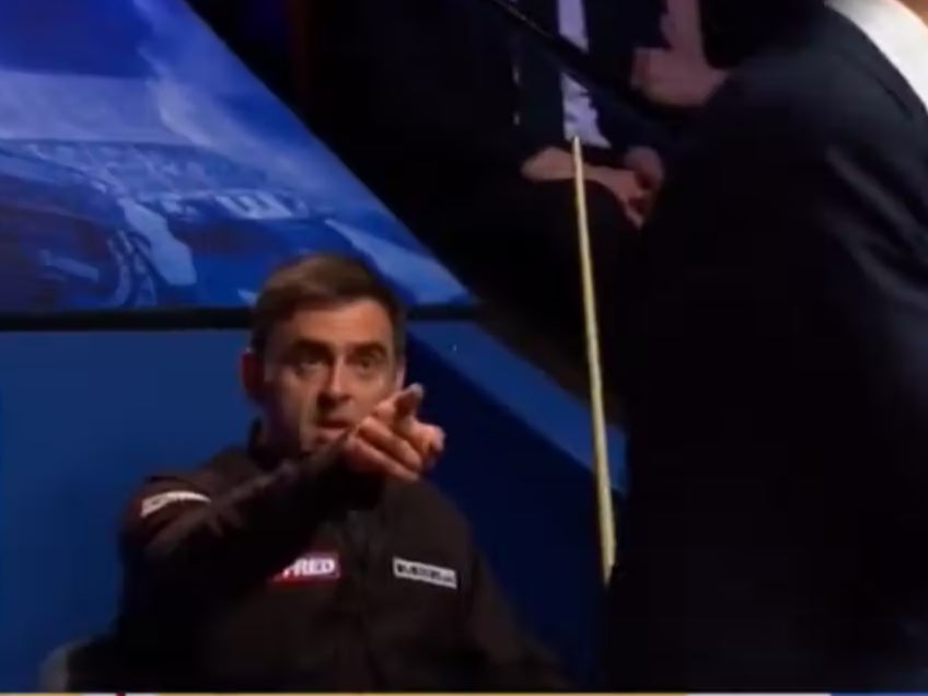 Ronnie O’Sullivan reacts to referee Olivier Marteel