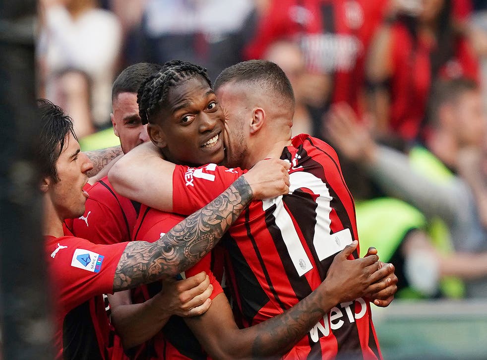 Rafael Leao, centre, celebrates scoring AC Milan’s late winner against Fiorentina (Spada/LaPresse via AP)