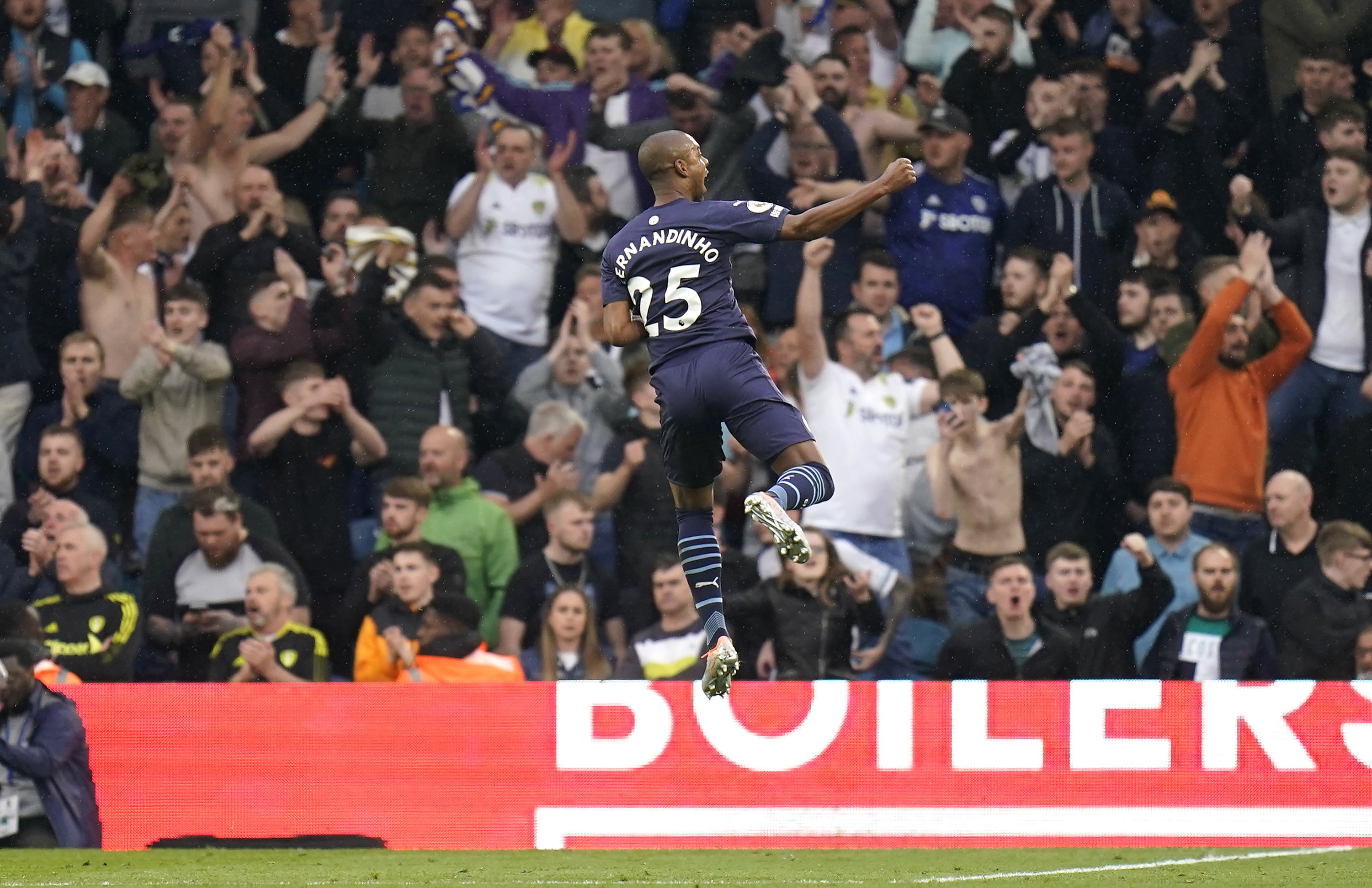 Fernandinho celebrates scoring Manchester City’s fourth goal in their win over Leeds (Danny Lawson/PA)
