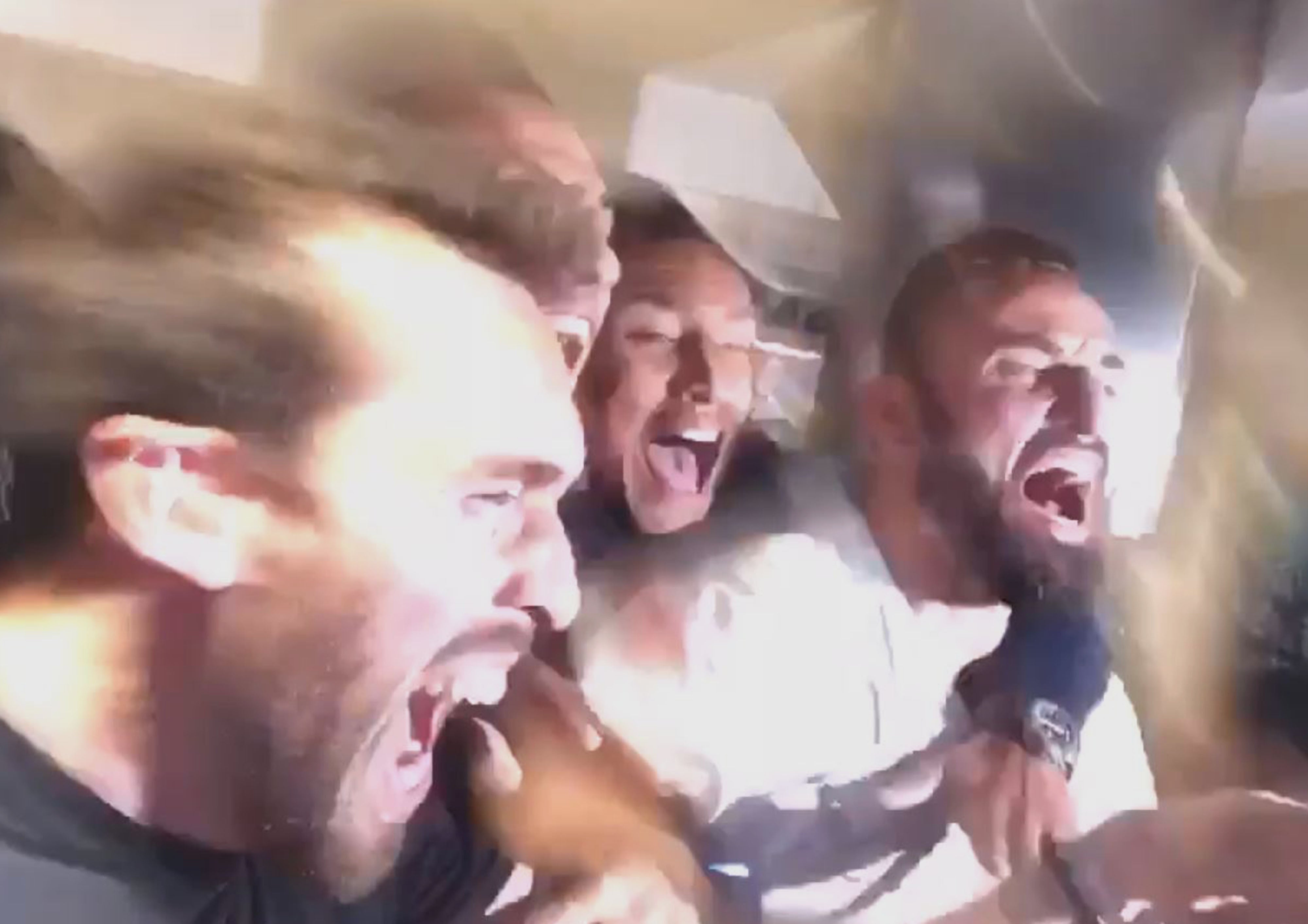 Handout video grab taken from the Twitter feed of Christian Fuchs @FuchsOfficial of Leicester players at Jamie Vardy’s house in Melton Mowbray reacting to wining the Premier League (@FuchsOfficial/Twitter)