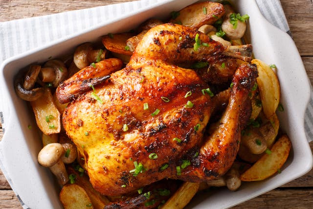 <p>Roast chicken is nicely perfurmed from its green garlic, rosemary, sage and thyme stuffing </p>