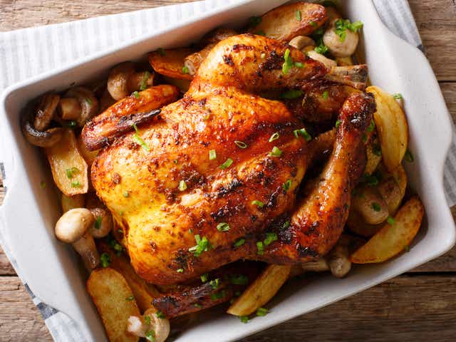 <p>Roast chicken is nicely perfurmed from its green garlic, rosemary, sage and thyme stuffing </p>