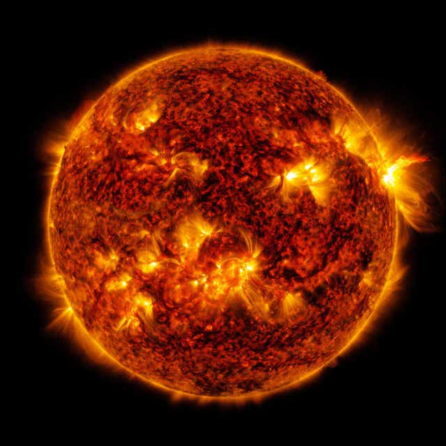 <p>Nasa’s Solar Dynamics Observatory captured a solar flare erupting on the Sun on 30 April </p>