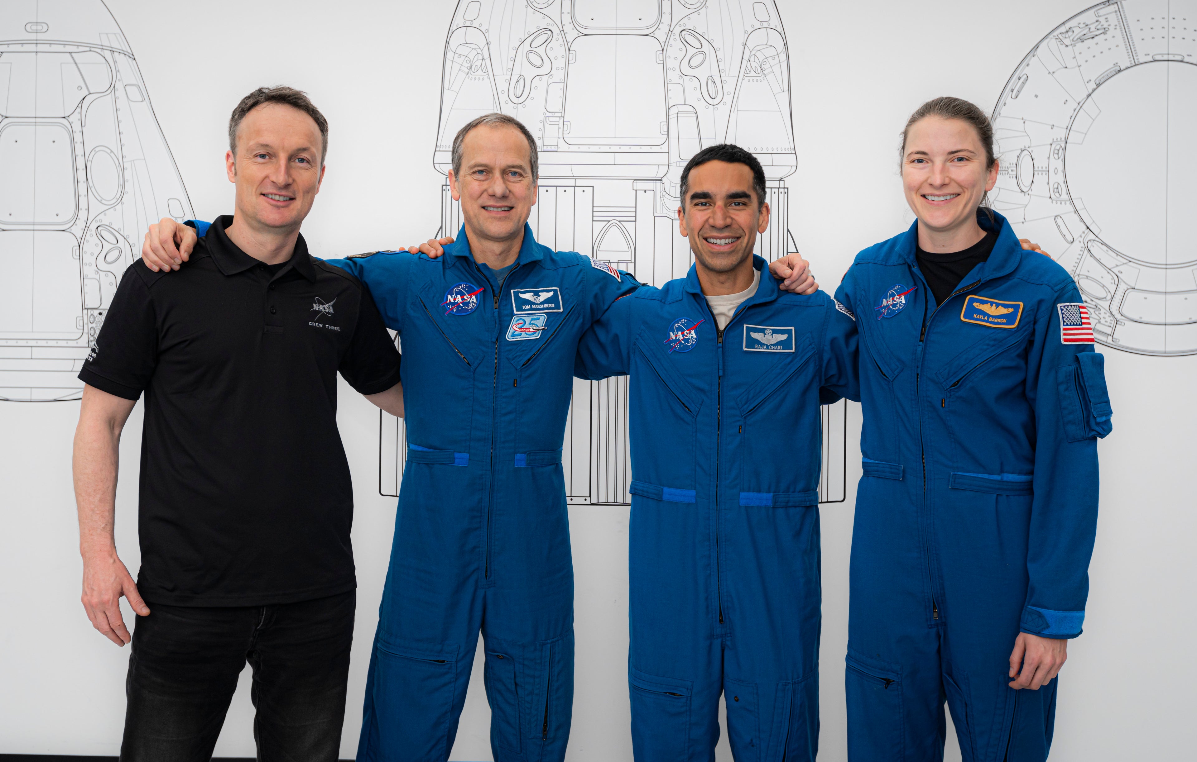The members of Nasa’s Crew-3 mission — Esa astronaut Matthias Maurer, and Nasa astronauts Raja Chari, Tom Marshburn, and Kayla Barron — before leaving Earth in 2021.