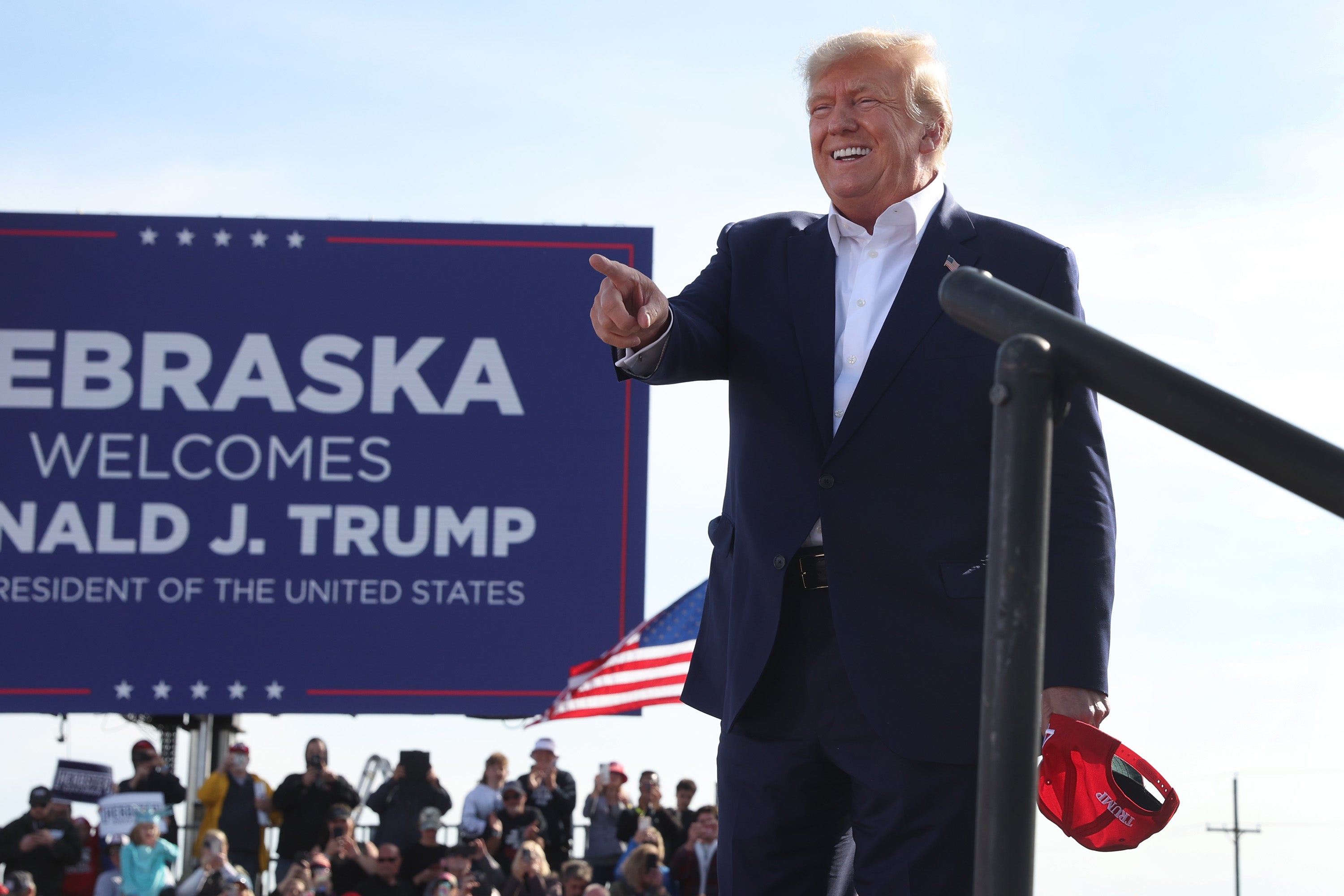 Donald Trump arrives for a rally at the I-80 Speedway on 1 May 2022 in Greenwood, Nebraska