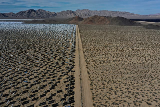 <p>Fields of directed heliostat mirrors and solar panels at the Desert Stateline Solar Facility near Nipton, California. The state ran on 100 per cent clean energy for the first time on 30 April 2022</p>
