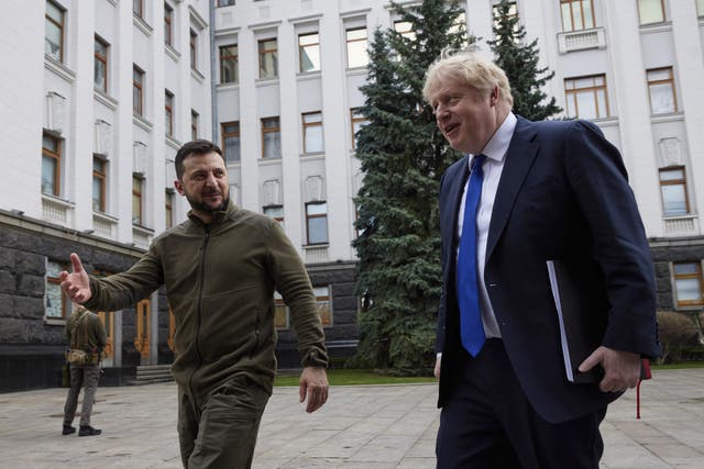 Boris Johnson meets president Volodymyr Zelensky in Kyiv in April (Ukrainian Presidential Press Office/PA)