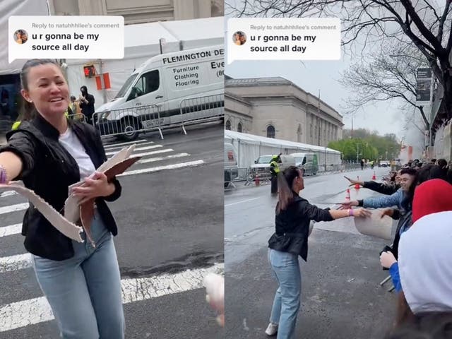 <p>Met Gala fans are given pieces of red carpet ahead of event</p>