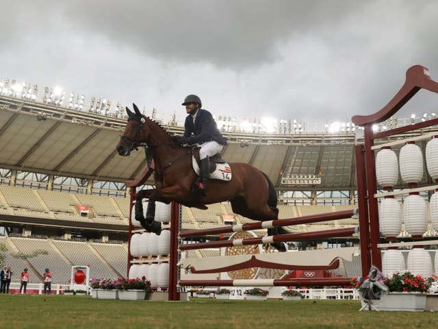 <p>Pavels Svecos competes in the men’s modern Pentathlon at the Tokyo Olympics </p>