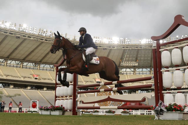 <p>Pavels Svecos competes in the men’s modern Pentathlon at the Tokyo Olympics </p>