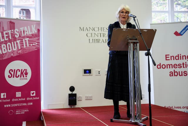 The Duchess of Cornwall delivers a speech at a reception while attending the I Am photography exhibition, a new collection of portraits of survivors of domestic abuse by award-winning photographer Allie Crew, at Manchester Central Library (Phil Noble/PA)