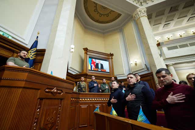 Ukrainian MPs sang their national anthem before Mr Johnson spoke (Ukrainian Presidential Press Office)