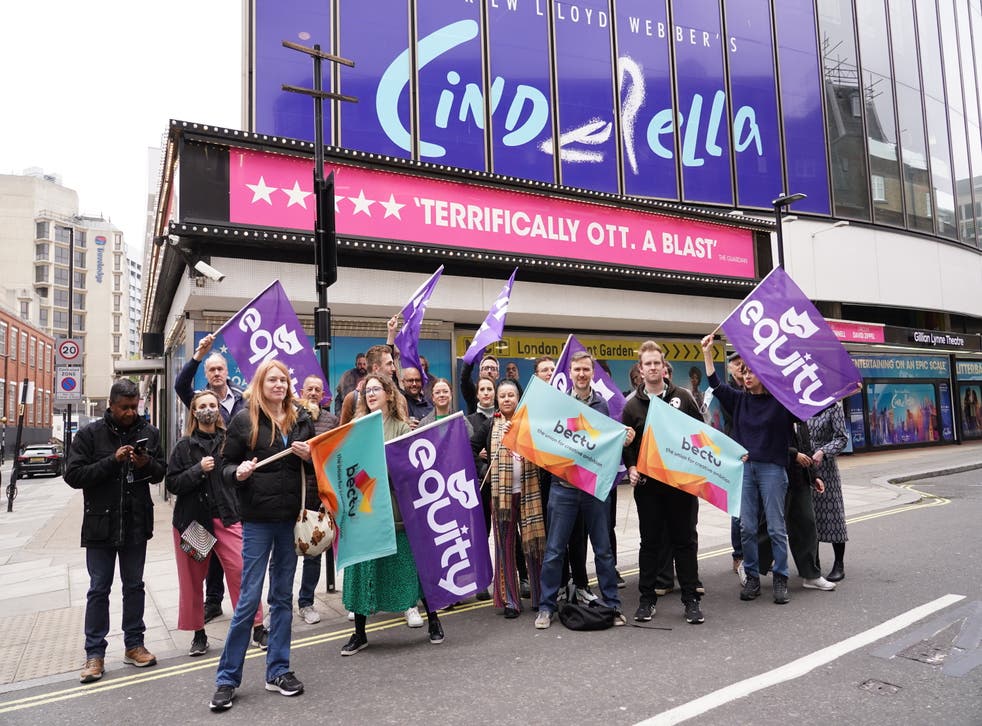 Union members from Equity and Bectu demonstrating outside the Gillian Lynne Theatre in Drury Lane, London (Ian West/PA)