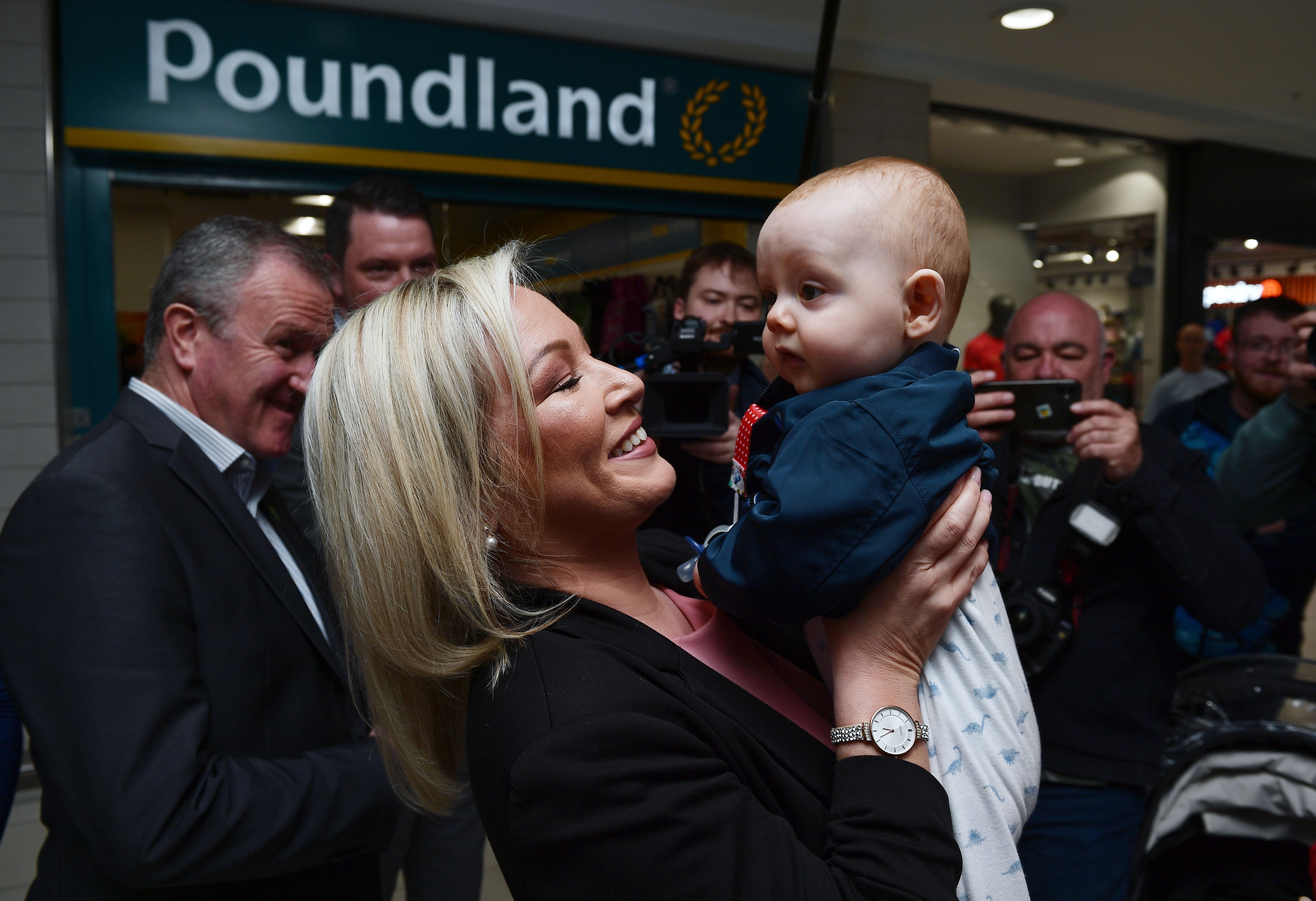 Sinn Fein’s Michelle O’Neill meets voters at Kennedy shopping centre in Belfast on Tuesday