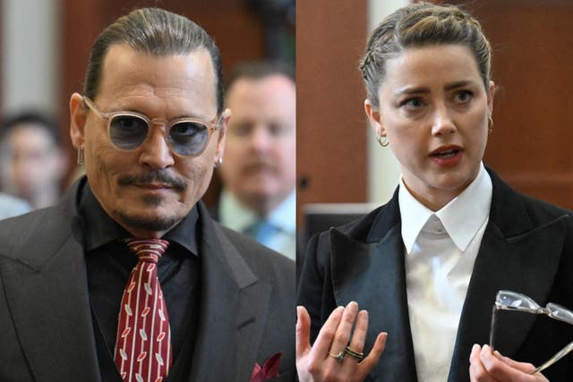 Amber Heard y Johnny Depp en el juzgado del condado de Fairfax en Fairfax, Virginia, el 3 de mayo de 2022