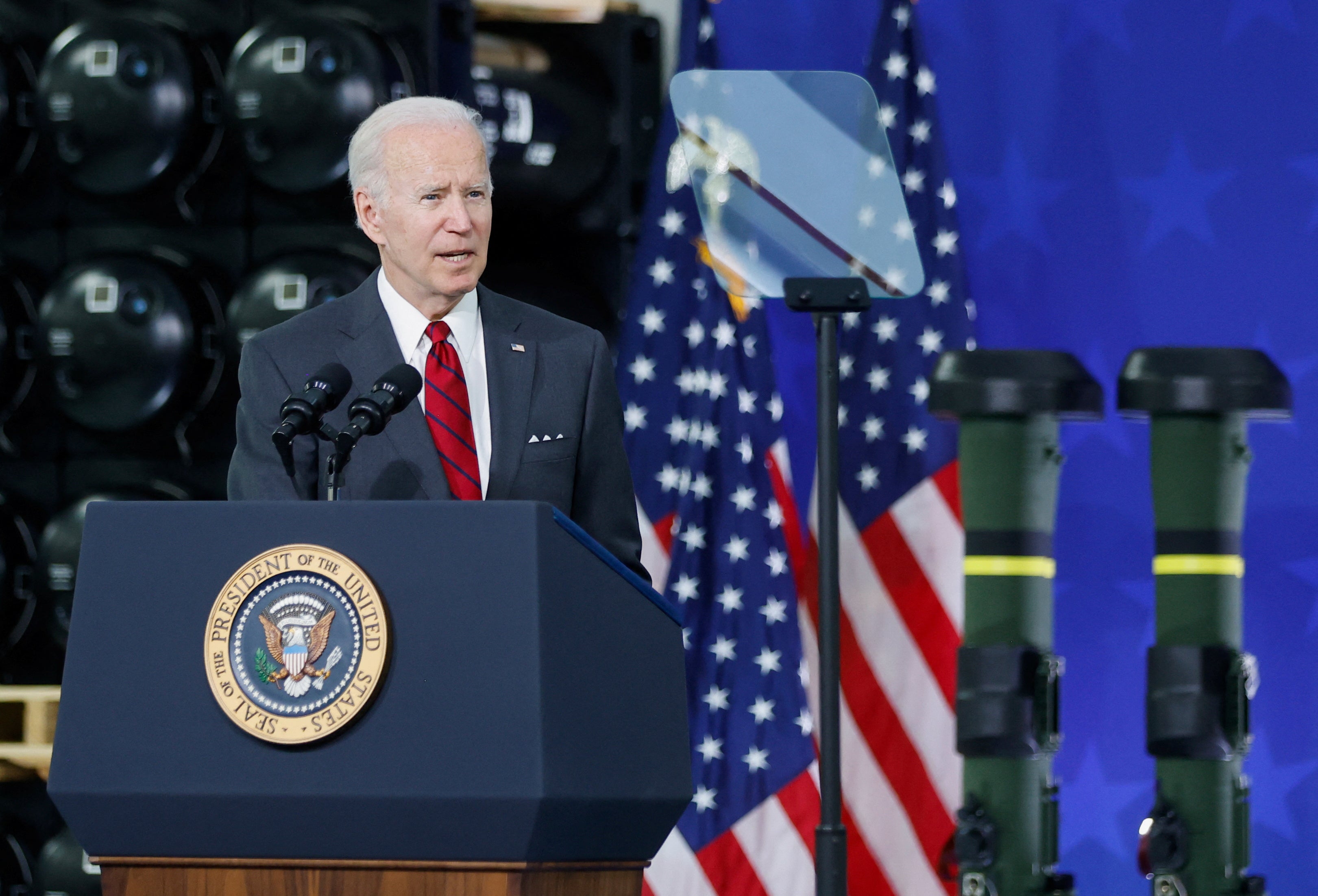 Joe Biden delivers remarks on arming Ukraine, after touring a Lockheed Martin weapons factory in Troy, Alabama